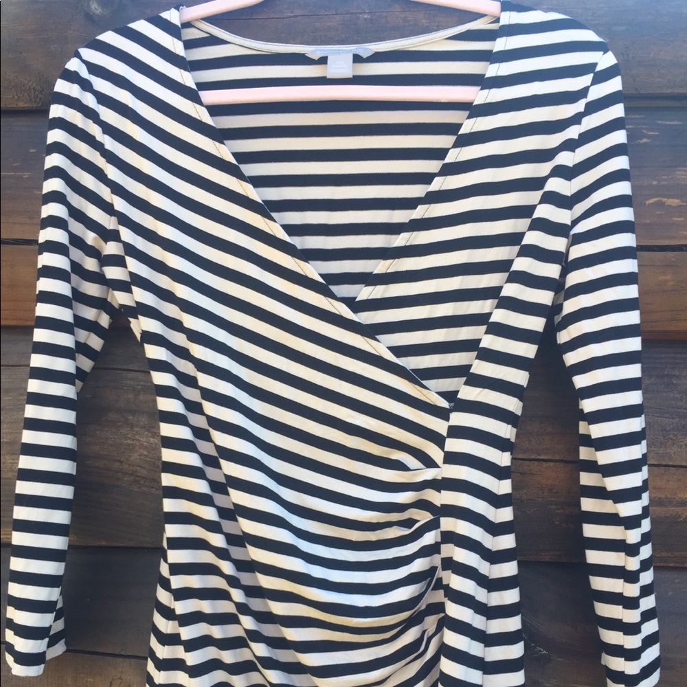 Cross-front black &white striped blouse 3/4 sleeve